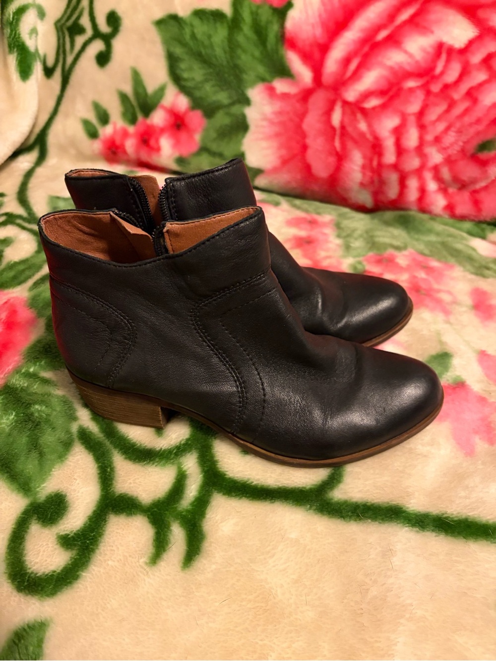 Lucky Brand Black Leather Ankle Booties with Low Stacked Heel